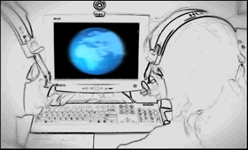 Sketch of two astronauts viewing a computer screen of the earth.