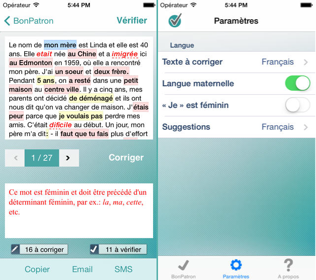 Bon Patron App screen shot in French with language corrections.