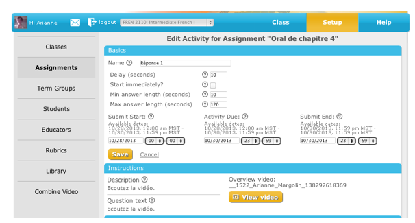 YouSeeU instructor page for creating activities and assignments.