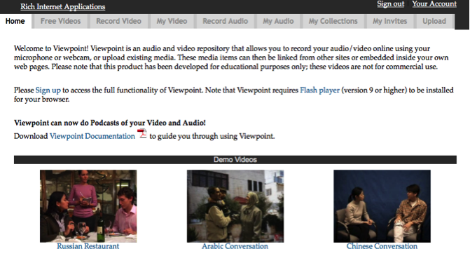 Viewpoint homepage with options to make and share videos.
