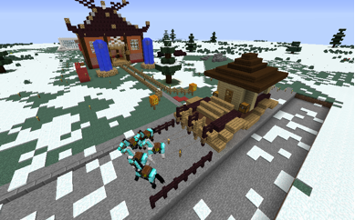 Minecraft project of horse stable, water fountain, and buildings.