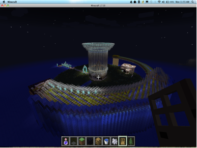 Aerial view of Minecraft “Ocean City” from behind. 