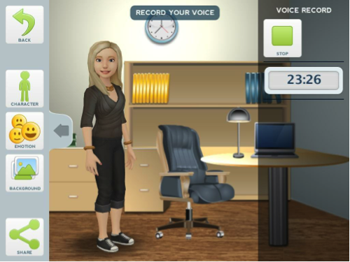Tellagami app screenshot of woman, with voice recording.