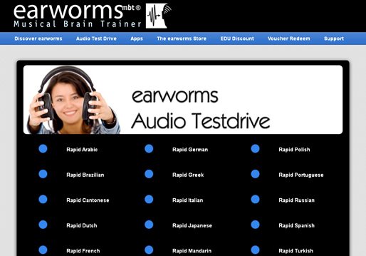 Earworms interface with available languages available.