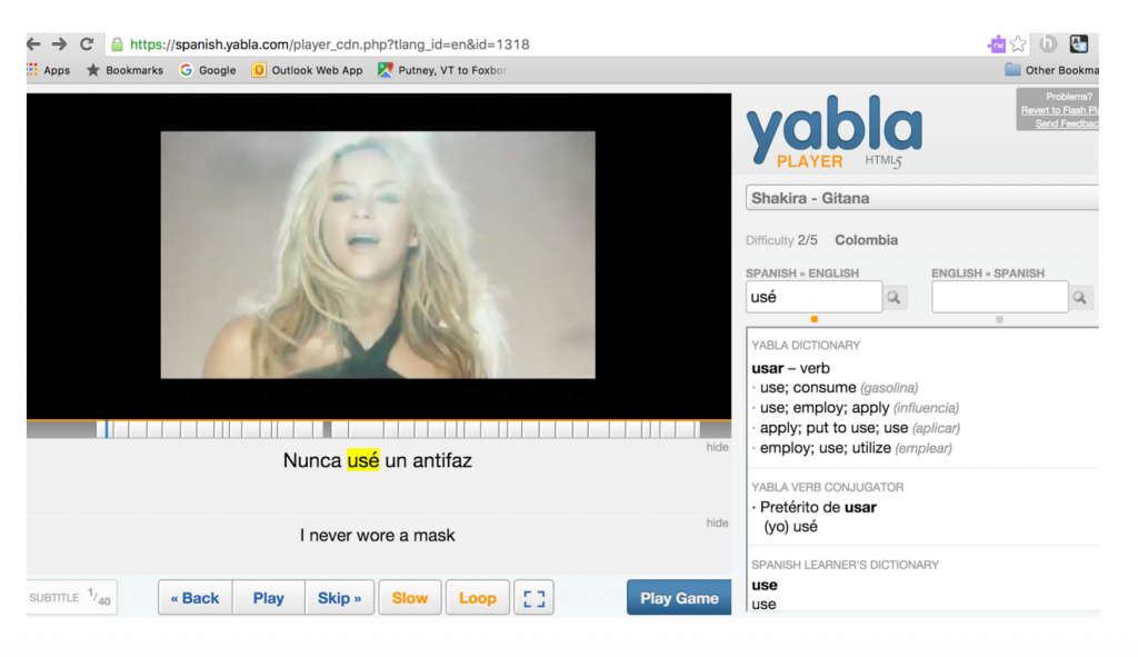 Yabla: Shakira singing! Text in Spanish and English. Note highlighted word is defined on left
