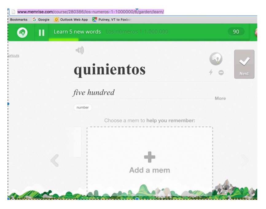 Memrise: Practice screen for five hundred in Spanish. Note box to add a mnemonic.