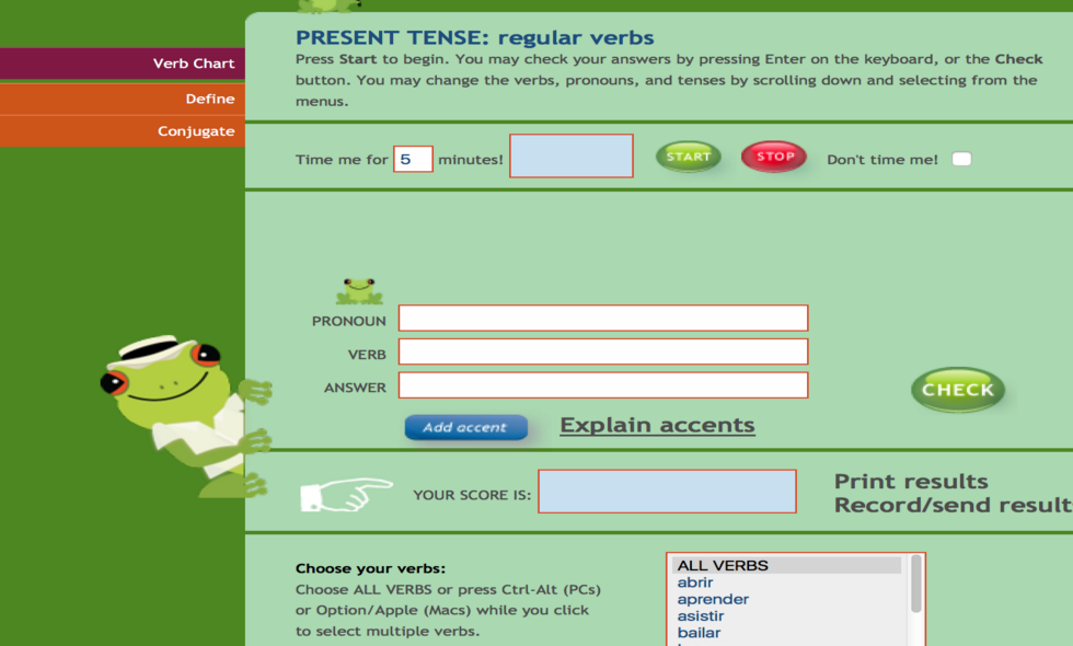 Conjuguemos interface, which demonstrates the use of the present tense in regular verbs.