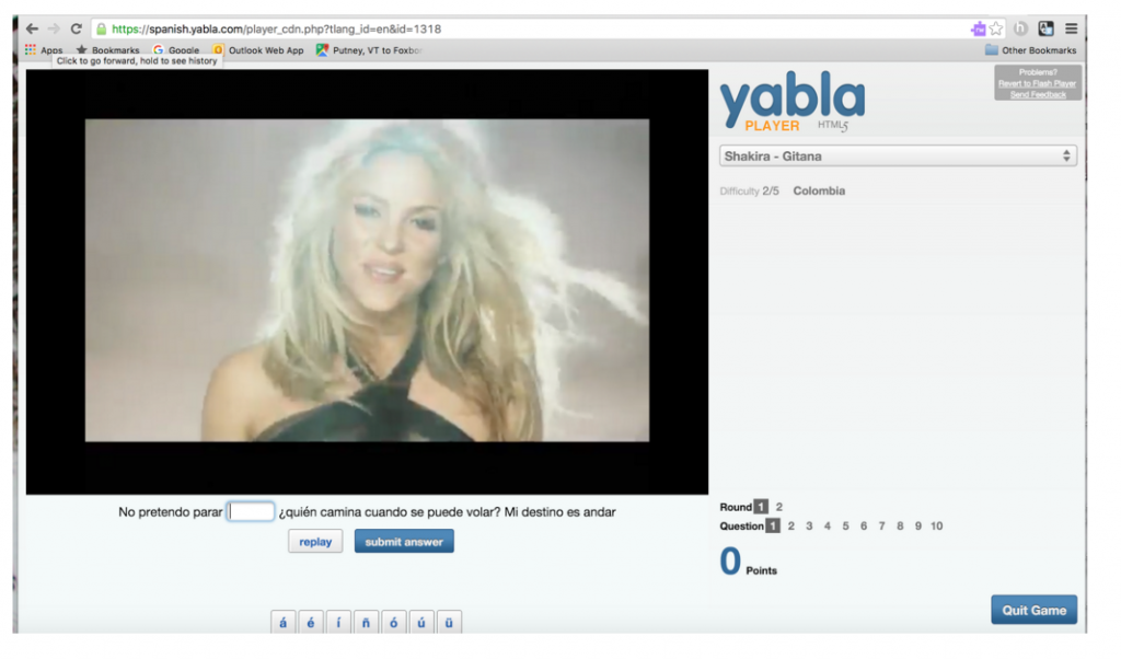 Yabla: Shakira singing! Student task is to listen and then type the missing word.