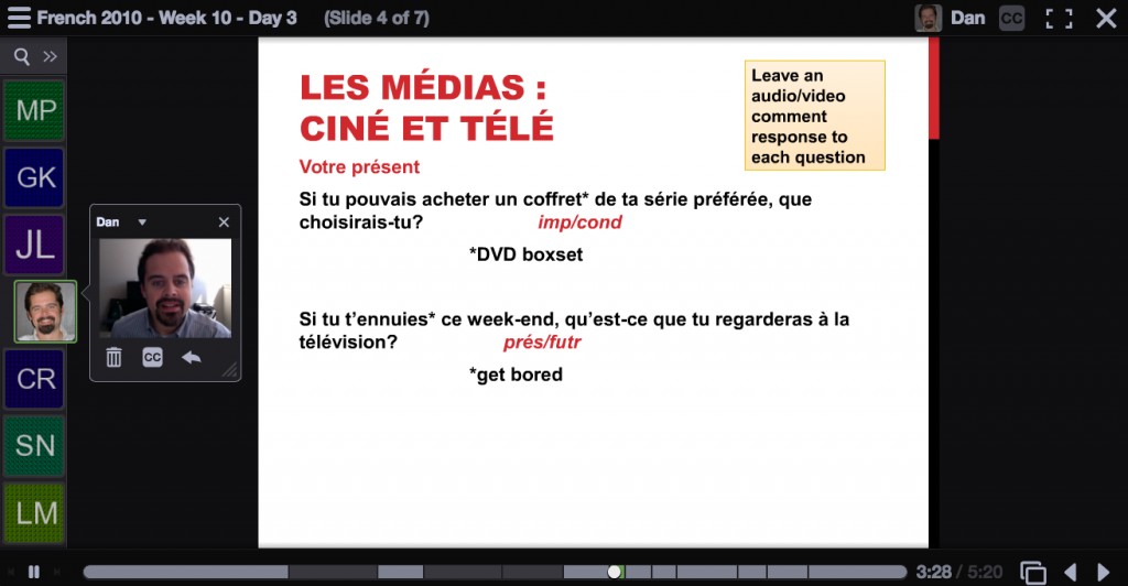 VoiceThread document with student and instructor video annotations.