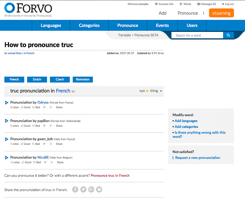 Forvo website with audio file on pronunciation.