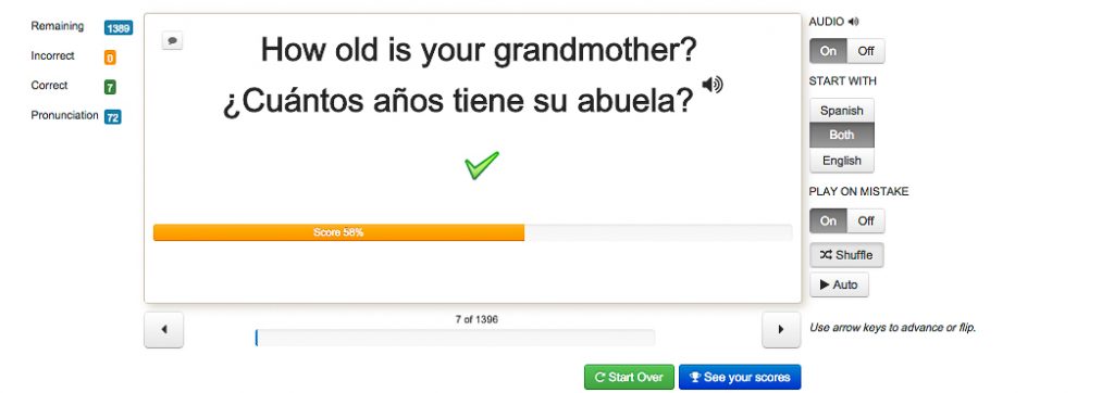 Example of NetProF flash card quiz with options of Spanish or English audio recordings.