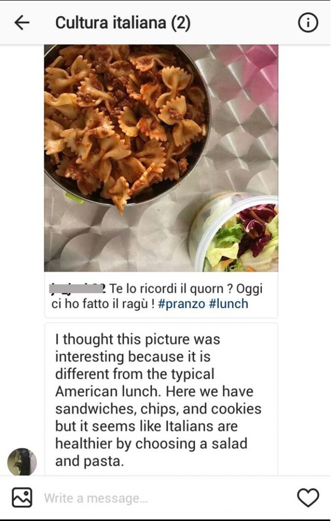 Screenshot of the group chat, in which student shares and article on Italian lunch and explains why they found it interesting.