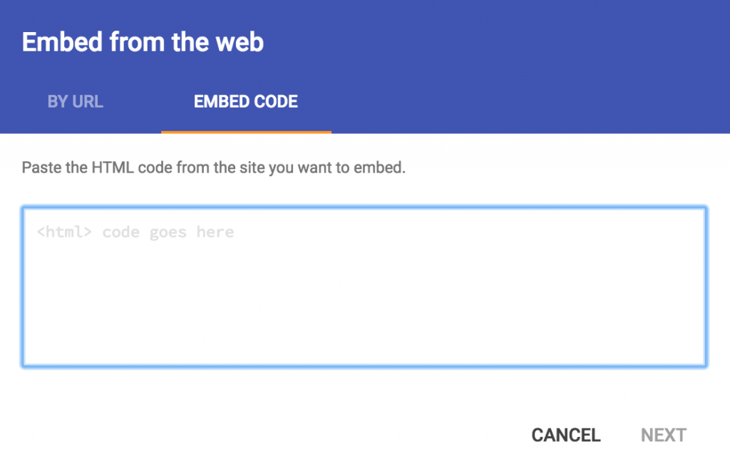 Demonstration of where to paste embed code in Google site.