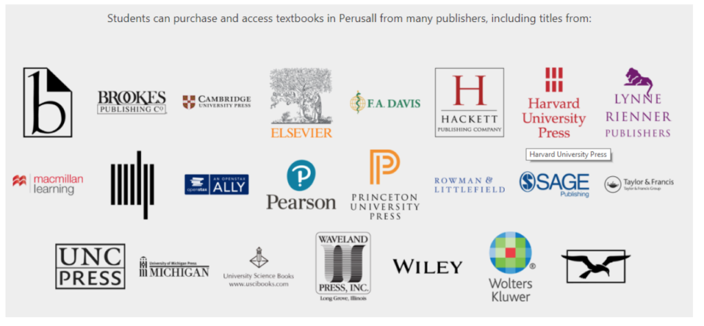 Demonstrates different publishing companies that make their textbooks accessible through Perusall.
