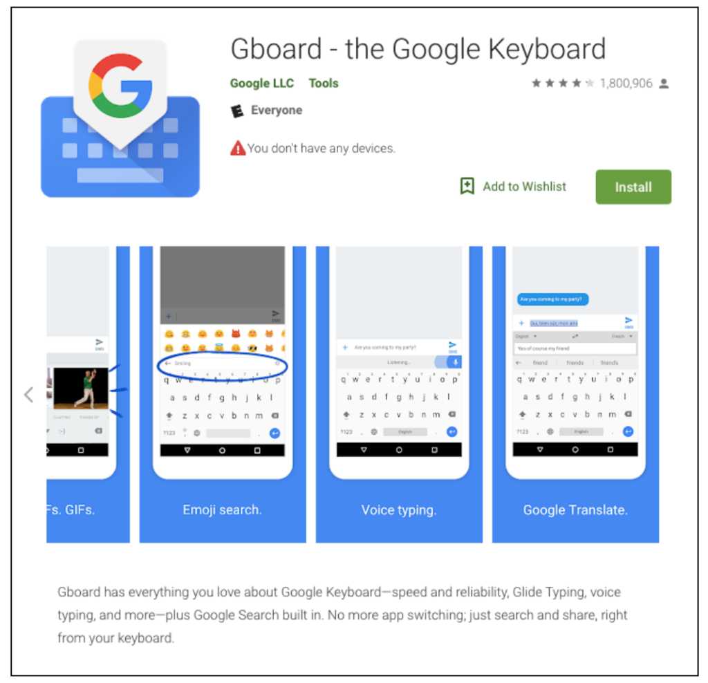 Screenshot of Gboard - the Google Keyboard in device store.