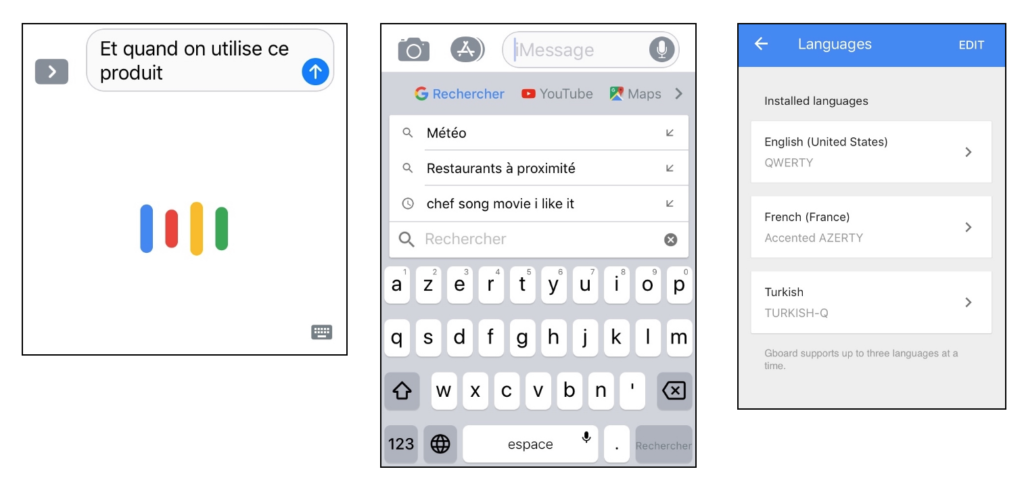 Screenshots of Gboard that demonstrates the use of speech recognition, search bar features, and the use of multiple language keyboards.