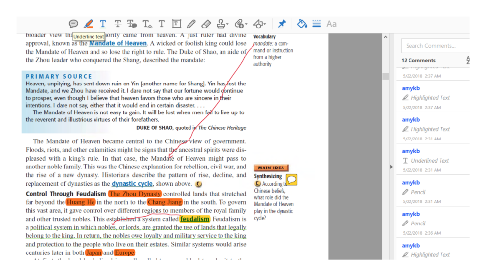 Adobe used to annotate and highlight documents for course.