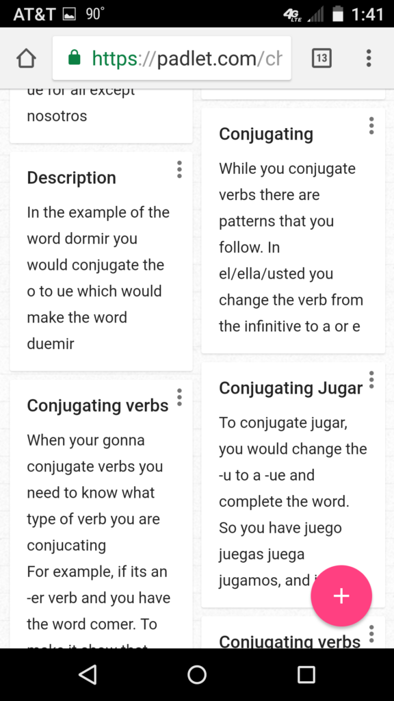 Screenshot of a conjugation activity describing when and how certain verbs are conjugated.