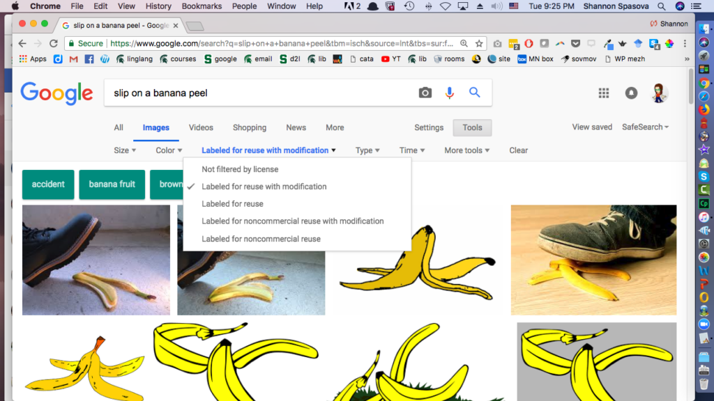 Google image search results for "slip on a banana peel," filtered by usage rights for classrooms.