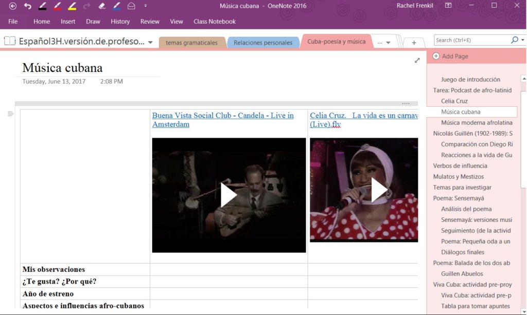 Screenshot of Microsoft Notebook lesson plan.