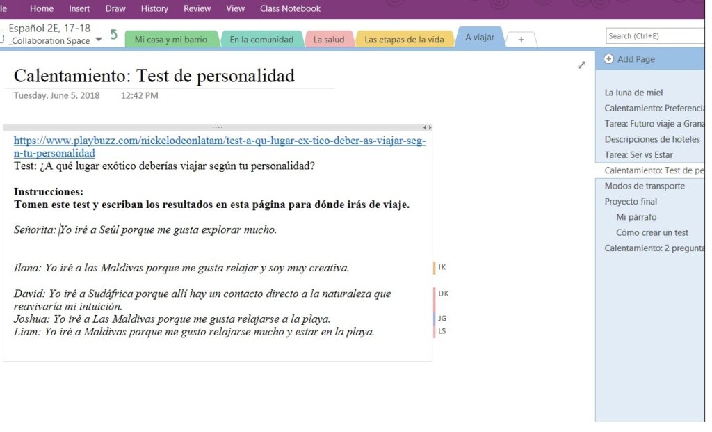 Demonstrates a screenshot of OneNote collaborative space, where each student can share there responses.