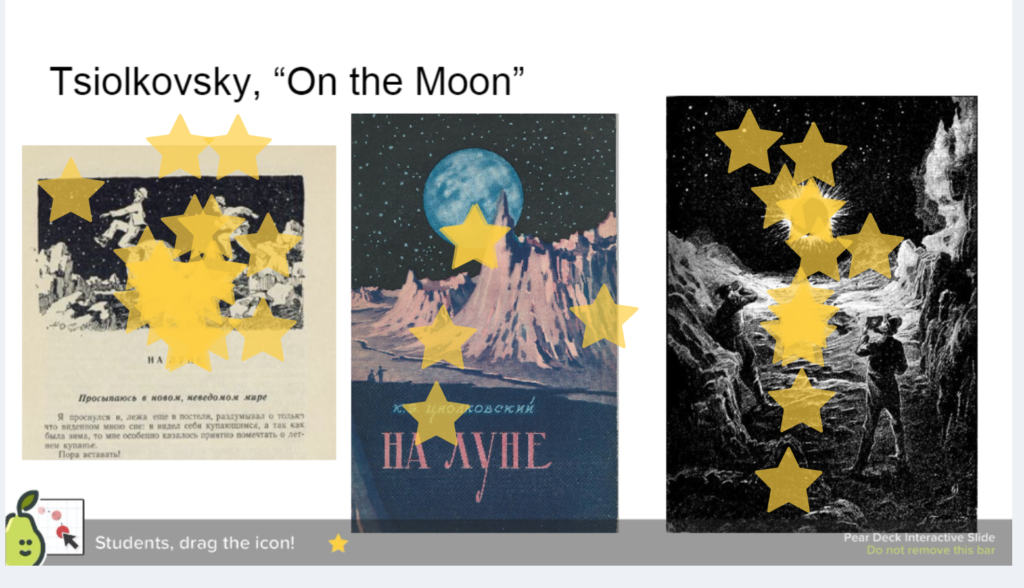 Demonstrates classroom view of votes of "Best Cover" for a short story based on Tsiolkovsky, "On the Moon."