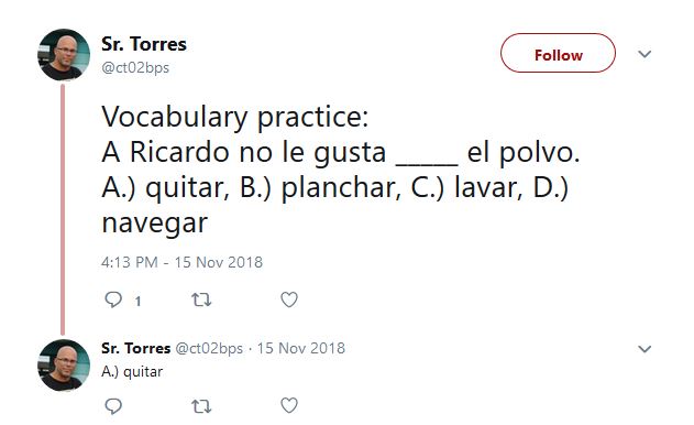 Picture 2 - Vocabulary practice: Vocabulary practice: A Ricardo no le gusta _____ el polvo. A.) quitar, B.) planchar, C.) lavar, D.) navegar
