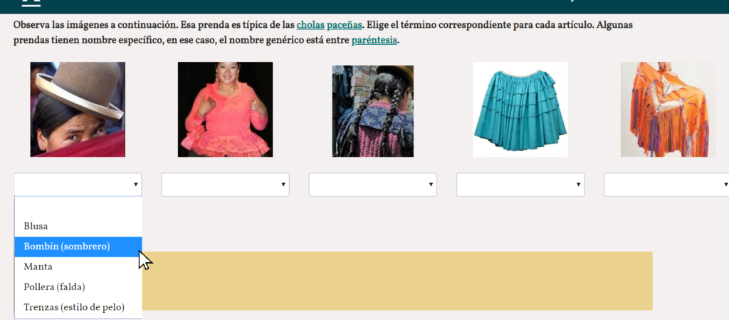 Picture 1. Before reading about traditional cholita clothing, students identify the different articles of clothing that will be mentioned in the text. Some of the items have a specific name (e.g., 