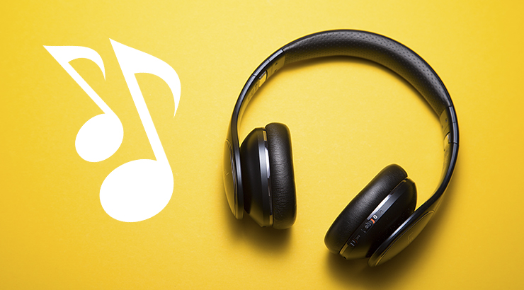 headphones and 2 music notes on yellow background