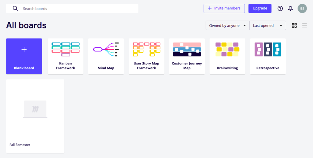 Miro Dashboard: Blank board, Kanban Framework, Mind Map, User Story Map Framework, Customer Journey Map, Brainwriting, Retrospective