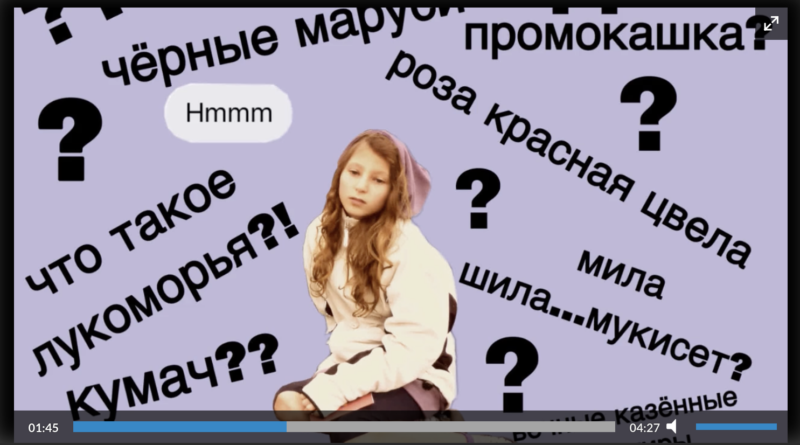 girl with Russian phrases and question marks