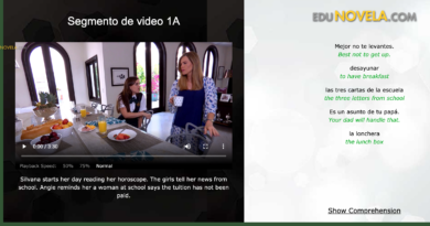 Picture 3 - Inside the episode segment is the video with subtitles in Spanish, a synopsis in English, and targeted vocabulary on the right. The bottom “show comprehension” button is a one question quiz link that students can take to self-assess their understanding of the segment.