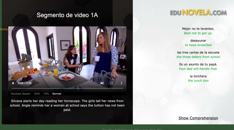 Picture 3 - Inside the episode segment is the video with subtitles in Spanish, a synopsis in English, and targeted vocabulary on the right. The bottom “show comprehension” button is a one question quiz link that students can take to self-assess their understanding of the segment.