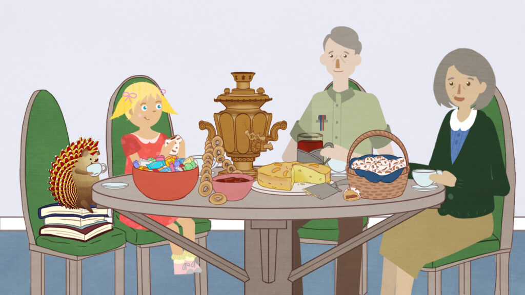 Oleg goes to tea with his friend Polina: several people sitting at a table with food and tea