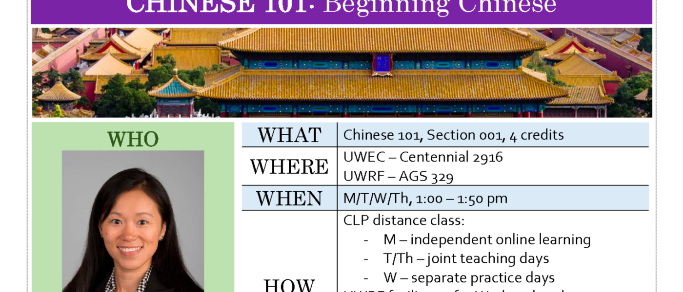 a media-based syllabus: Chinese 101: Beginning Chinese, picture of the instructor, chart with "what, where, when, how" of the course; a pie chart with the grading breakdown; a grading scale in a colorful chart, a Chinese flag, a colorful picture from China