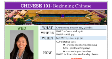 a media-based syllabus: Chinese 101: Beginning Chinese, picture of the instructor, chart with "what, where, when, how" of the course; a pie chart with the grading breakdown; a grading scale in a colorful chart, a Chinese flag, a colorful picture from China