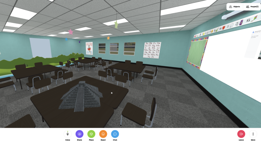 Picture 5 - Placing a 3D model of Chichen Itzá Mayan temple in a room in Hubs. You could use 3D models/objects of art or architecture from the target language culture(s) for students to observe up-close or interact with