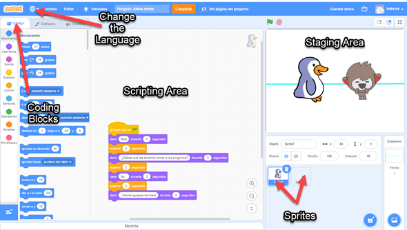 Picture 1 - Scratch Programming environment - Coding blocks, change the language, Scripting area, Staging area, sprites