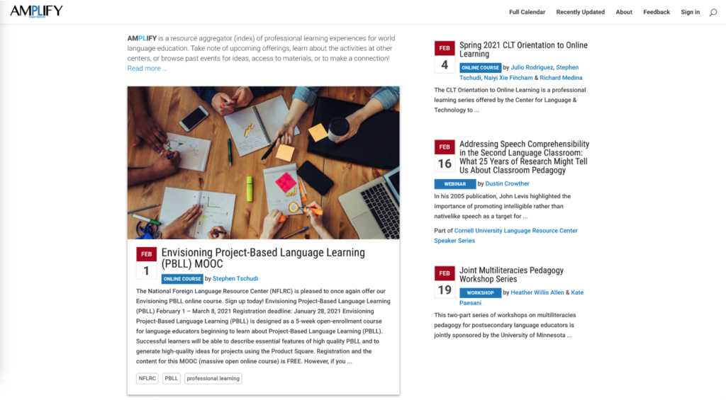 Picture 1 - Front page of application showing four different organizations - envisioning project-based language learning MOOC, spring 2021 CLT orientation to online learning, addressing speech comprehensibility in the second language classroom, joint multiliteracies pedagogy workshop series