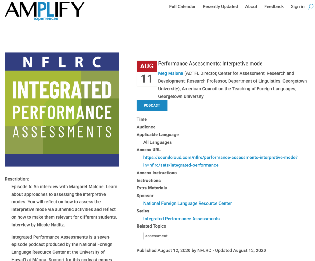 Picture 2 - A detailed view of a professional learning experience posted on the app - NFLRC - integrated performance assessments - a podcast with a description and details about the event