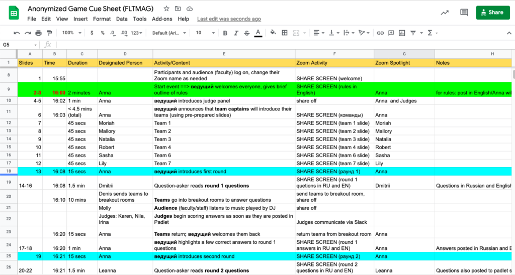 Picture 2: Screenshot of Game-Day Cue Sheet - spreadsheet with logistical information about the game day