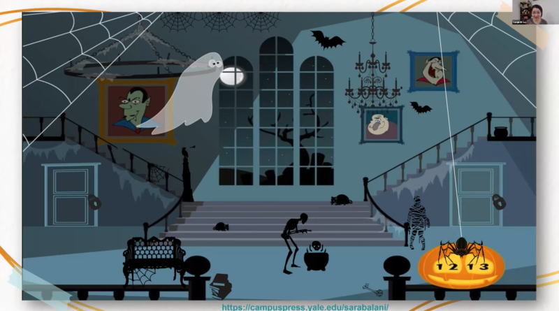 Halloween scene: haunted house, ghost, jackolantern