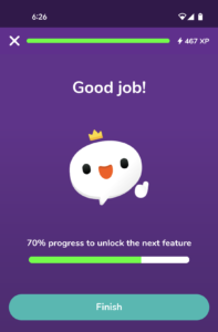 Picture 1 - Users earn XP by giving feedback to other users in languages that they know - Good job! 70% progress to unlock the next feature