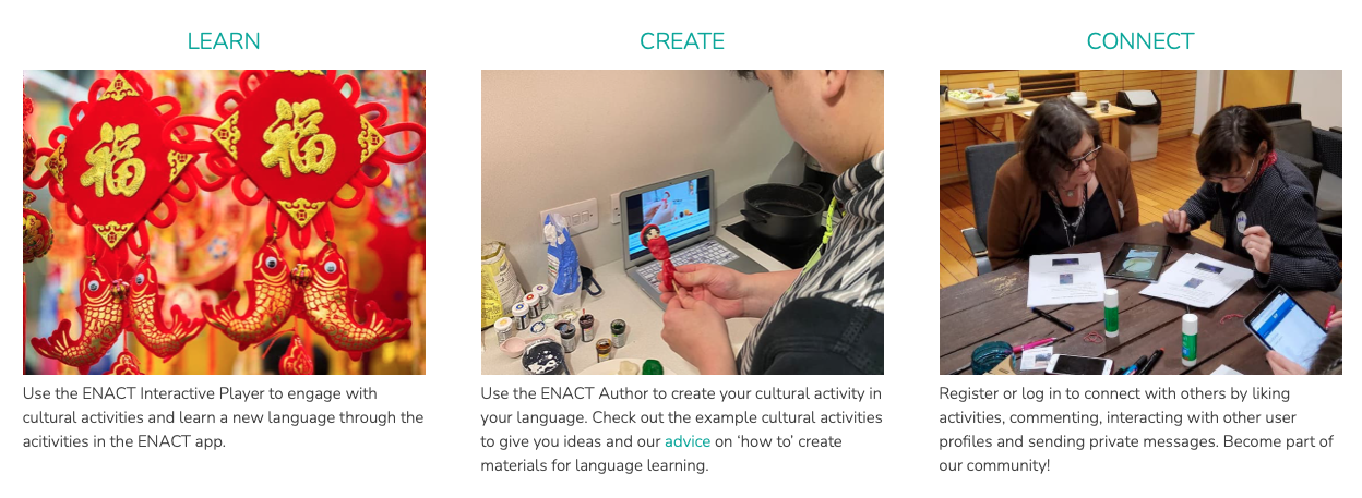 Picture 2 - The three components of the ENACT app: learn (use the enact interactive player to engage with cultural activities and learn a new language through the activities in the ENACT app), create (use the enact author to create your cultural activity in your language. check out the example cultural activities to give you ideas and our advice on 'how to' create materials for language learning, connect (register or log in to connect with others by liking activities, commenting, interacting with other user profiles and sending private messages. Become part of our community!