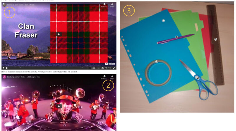 Picture 3 - Pre-task activities of the ENACT web app. (1. Video about tartans; 2. 360 video of Edinburgh Tattoo; 3. Focus on key vocabulary for the main task.)