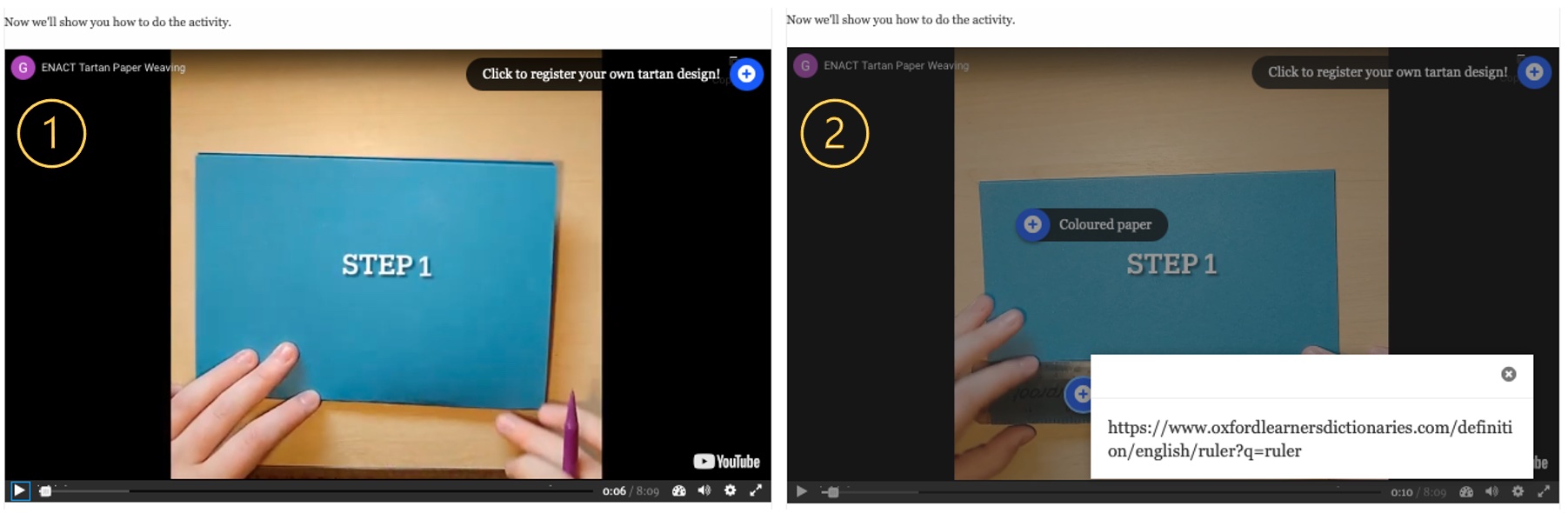 Picture 4 - During-task activities of the ENACT web app. (1. Interactive video showing how to do the activity; 2. Example interactivity, which includes additional information or questions.)
