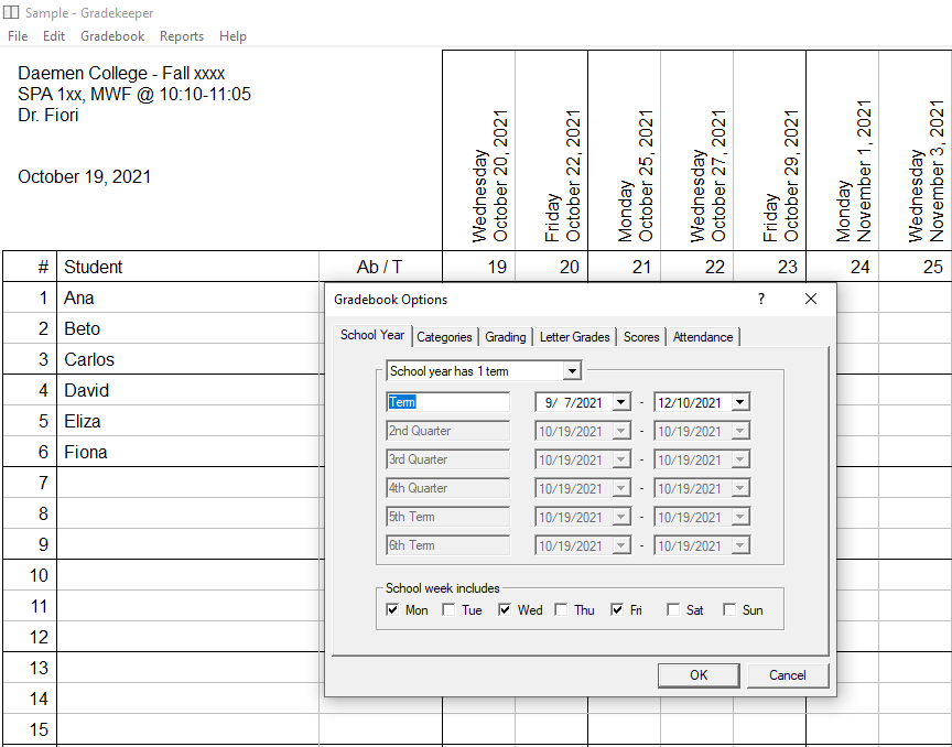 Picture 3 - Gradebook Options, Terms and Start-End Dates, interface to choose dates for an institutional term