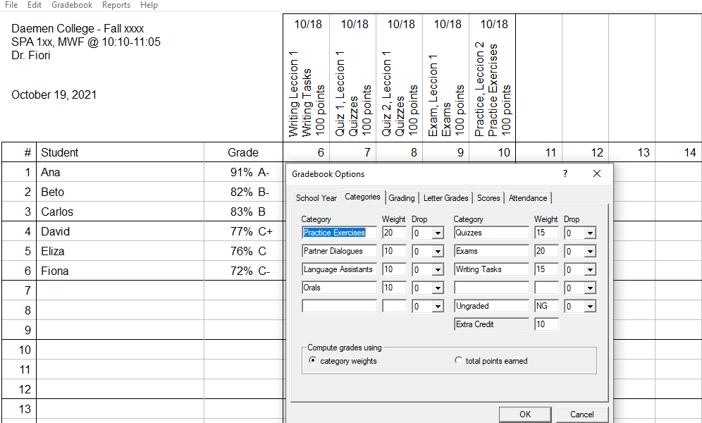 Picture 4 - Gradebook Options, Categories, includes grade categories, weights, and how many scores to drop