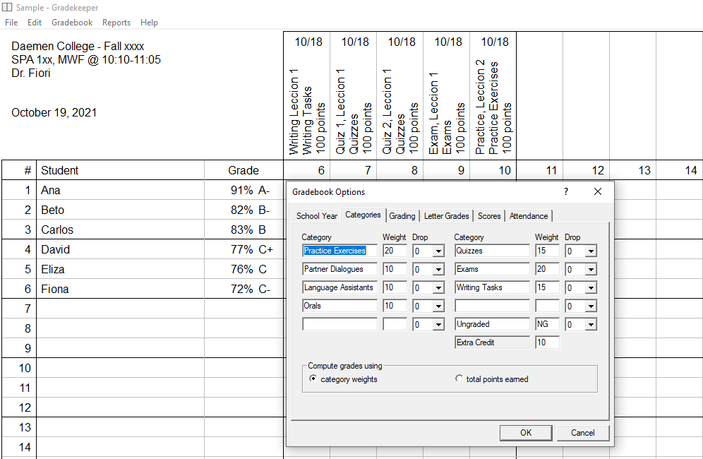 Picture 4 - Gradebook Options, Categories, includes grade categories, weights, and how many scores to drop