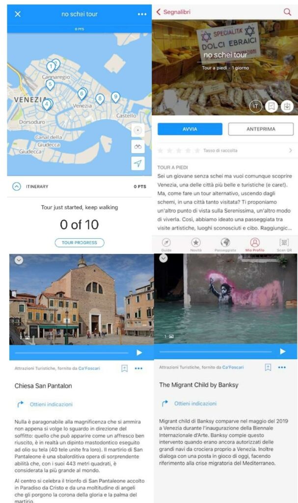 Picture 1 - Screenshots of some tour highlights created by students on the izi.Travel mobile app - includes a map, some landmarks, and a piece of art with text in Italian